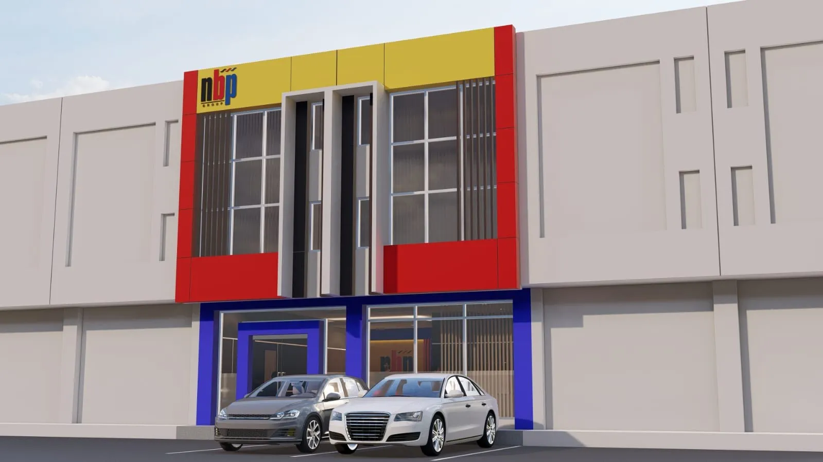 Render fasad kantor BPR NBP2 dengan bingkai merah dan kuning, kisi tegak, dan lantai dasar berkaca berbingkai biru
