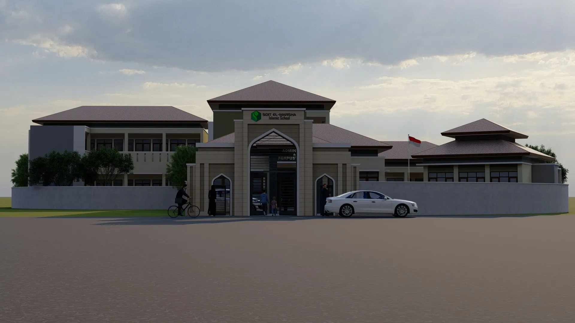 Render tampak depan SDIT El-Marsha Islamic School dengan gerbang lengkung dan atap limasan